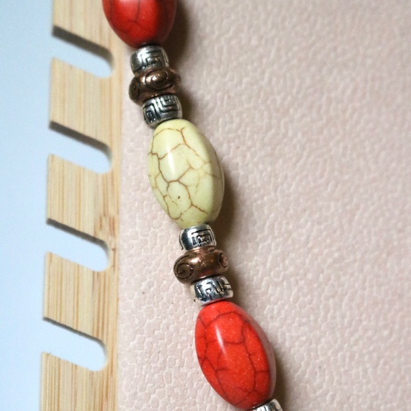 Statement Necklace Turquoise Silver Tone Metal Pendant Teal Orange Tribal Boho - Picture 9 of 9